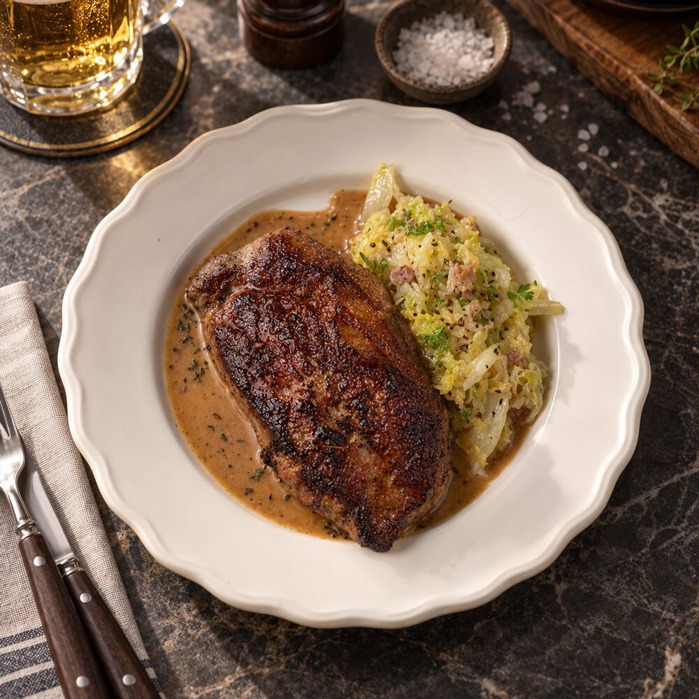 Steak z nízkého roštěnce – striploin steak – s dušenou kapustou a pancettou