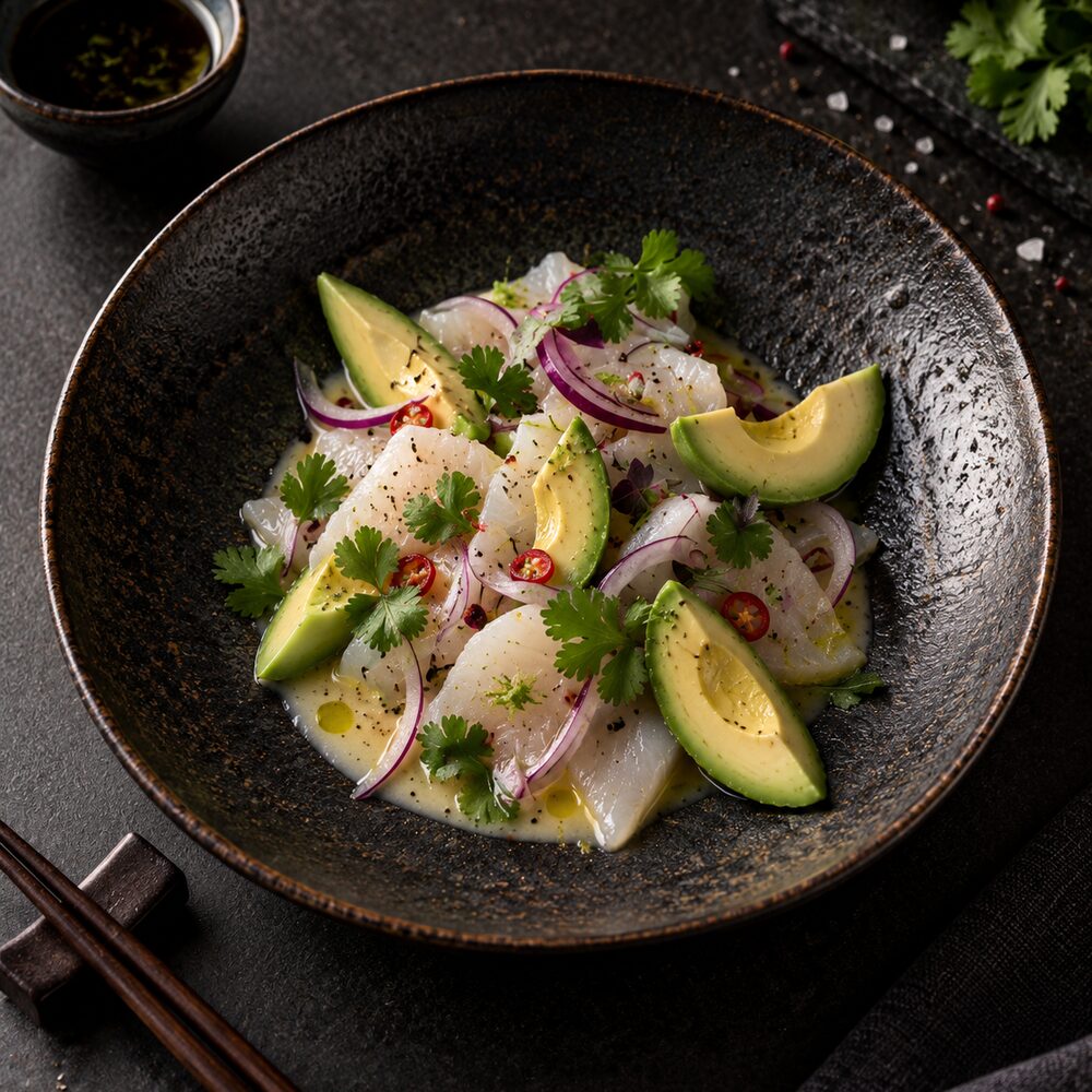 Ceviche z halibuta a krevet